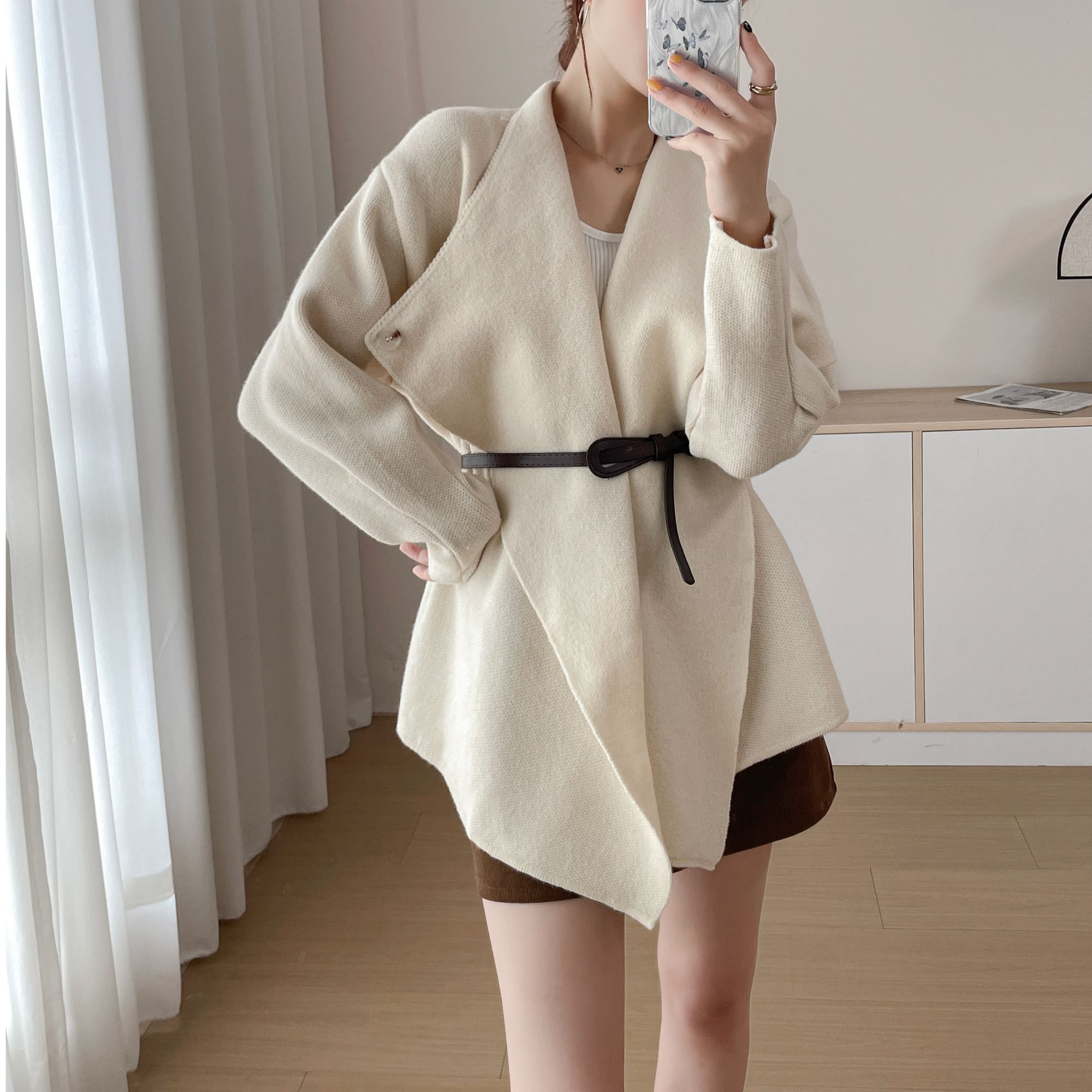 韩系慵懒高级感翻领毛衣外套女2025秋冬新款灰色收腰针织开衫上衣