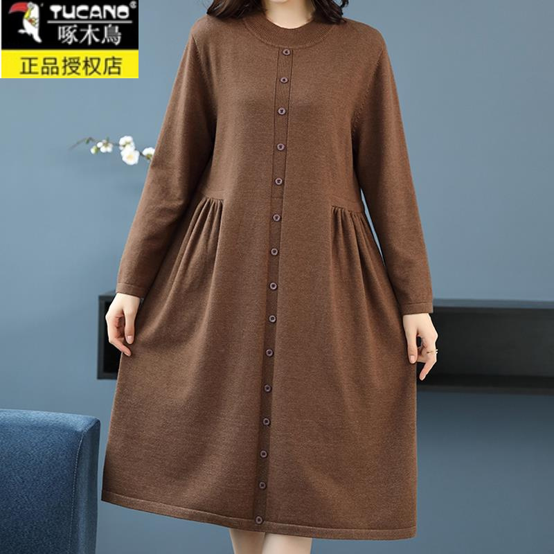 啄木鸟230斤胖mm大码宽松针织毛衣裙女秋冬季洋气圆领高档长款A字