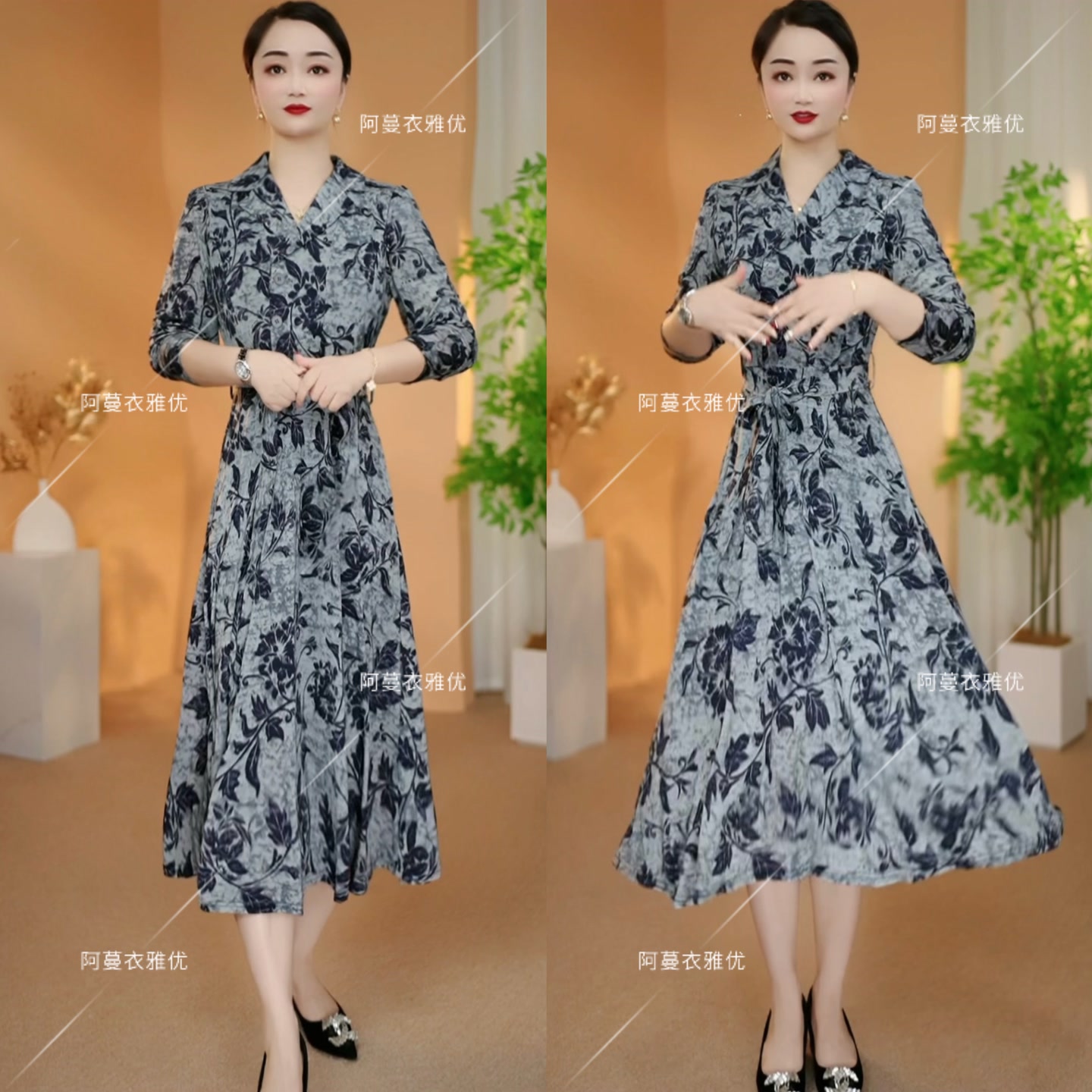 【衣雅严选】8202-2303#新款原版云锦丝弹力缎长袖翻领系带连衣裙
