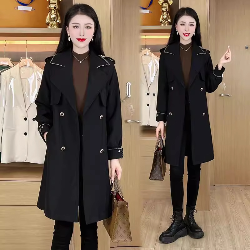 拉夏贝尔高级感风衣外套女中长款2025春秋新款大衣减龄黑色外衣