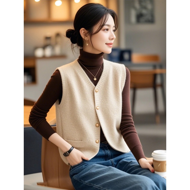 2026秋冬新款时尚单排扣开衫外搭无袖卡其色针织马甲背心女装上衣