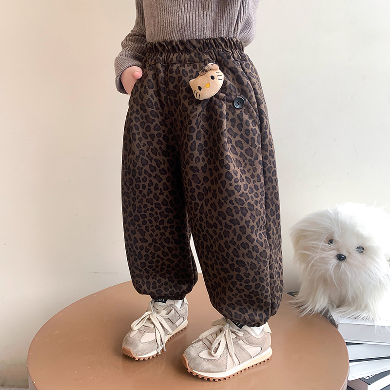 女童加绒裤子秋冬款2025新款洋气儿童一体绒加厚女宝宝冬季豹纹裤