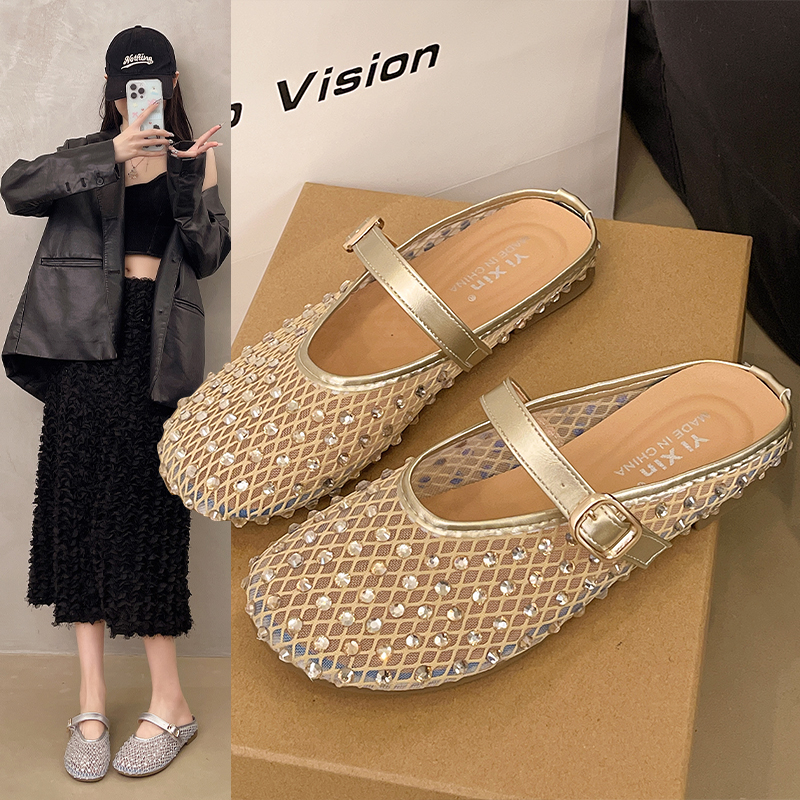 夏天水钻玛丽珍包头拖鞋女2025新款夏季外穿小香风半托单鞋凉拖鞋