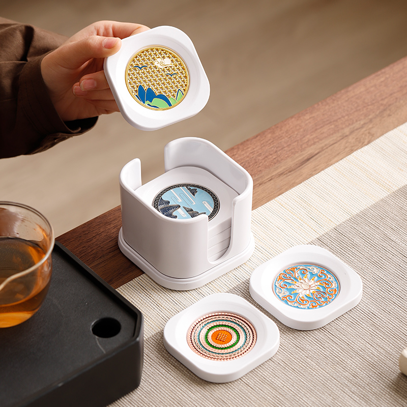 中式电木茶杯垫珐琅彩隔热杯托白色方圆茶桌防滑垫家用茶具带收纳