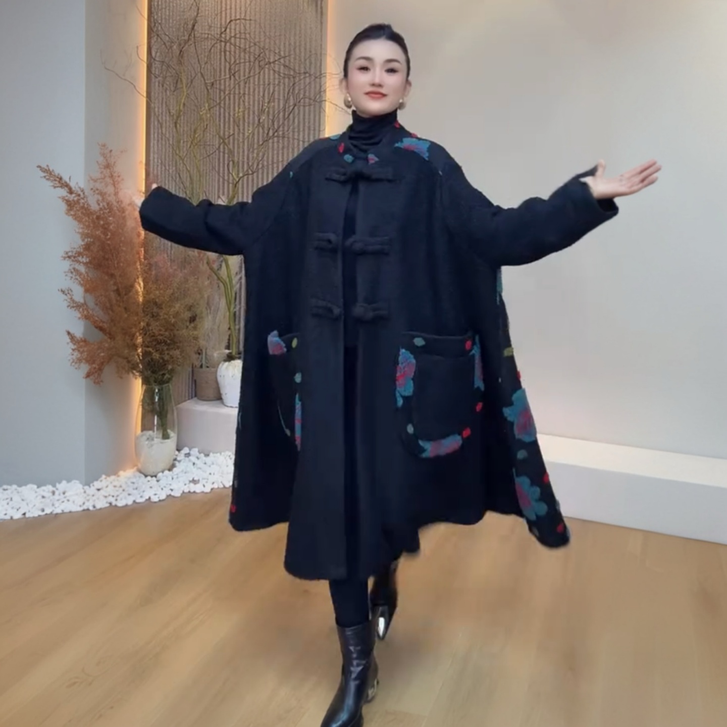 原创欧货秋冬阔太太撞色英伦风茧型毛呢风衣外套气质宽松长款大衣