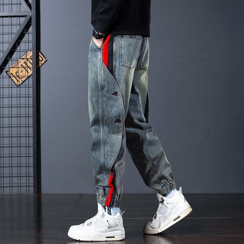 美式复古拼接牛仔裤男秋冬新款宽松束脚加绒工装休闲裤大码哈伦裤