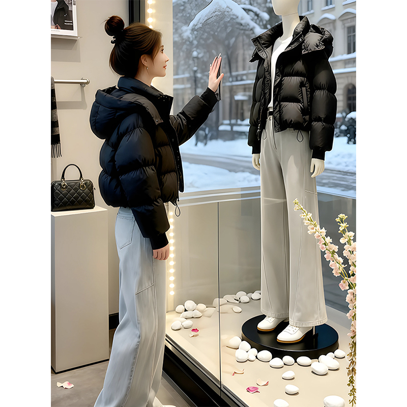 2025冬季新款韩版立领连帽棉服女休闲百搭黑色棉袄高级感棉衣外套