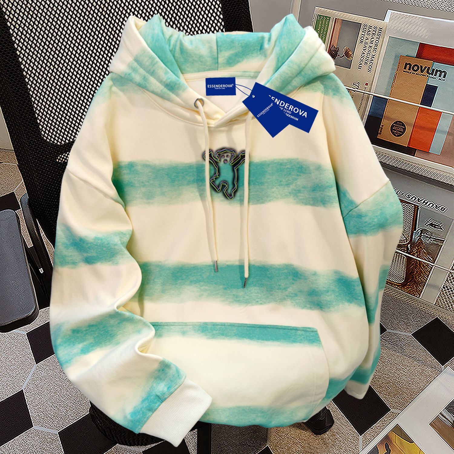 韩系简约扎染潮条纹连帽卫衣休闲加绒加厚宽松男女显瘦秋冬季上衣