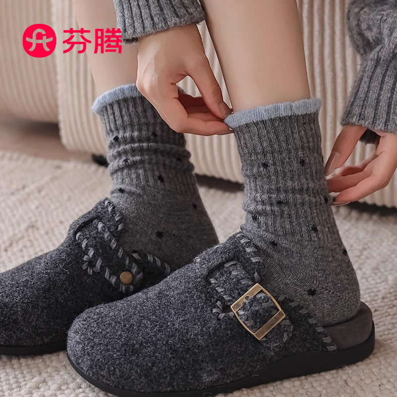 芬腾袜子女士秋冬款灰色波点袜吸汗堆堆袜厚袜子毛绒袜搭配博肯鞋