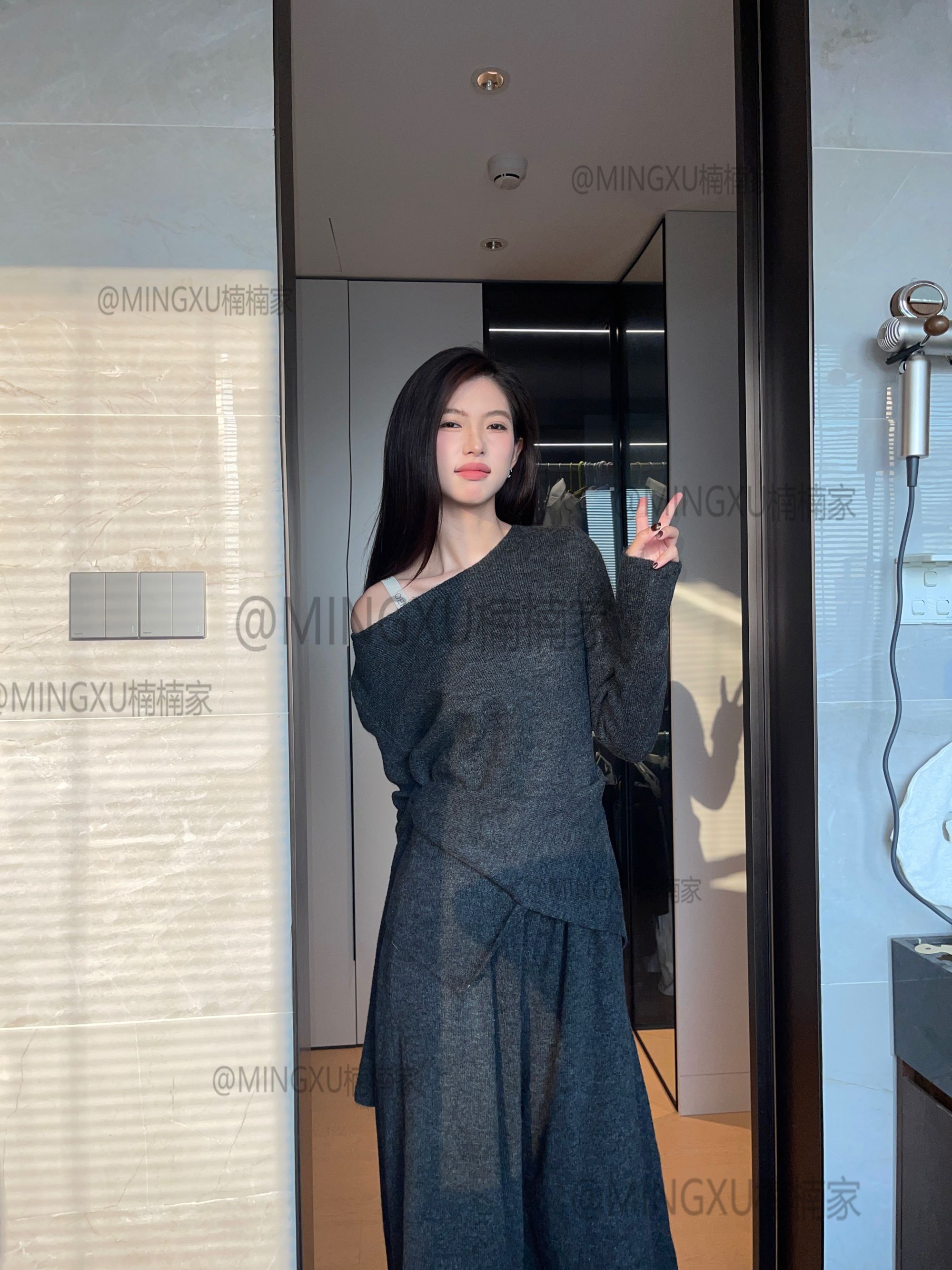 休闲风甜美街头风INS风时尚套装秋冬针织开叉大裙裤套装