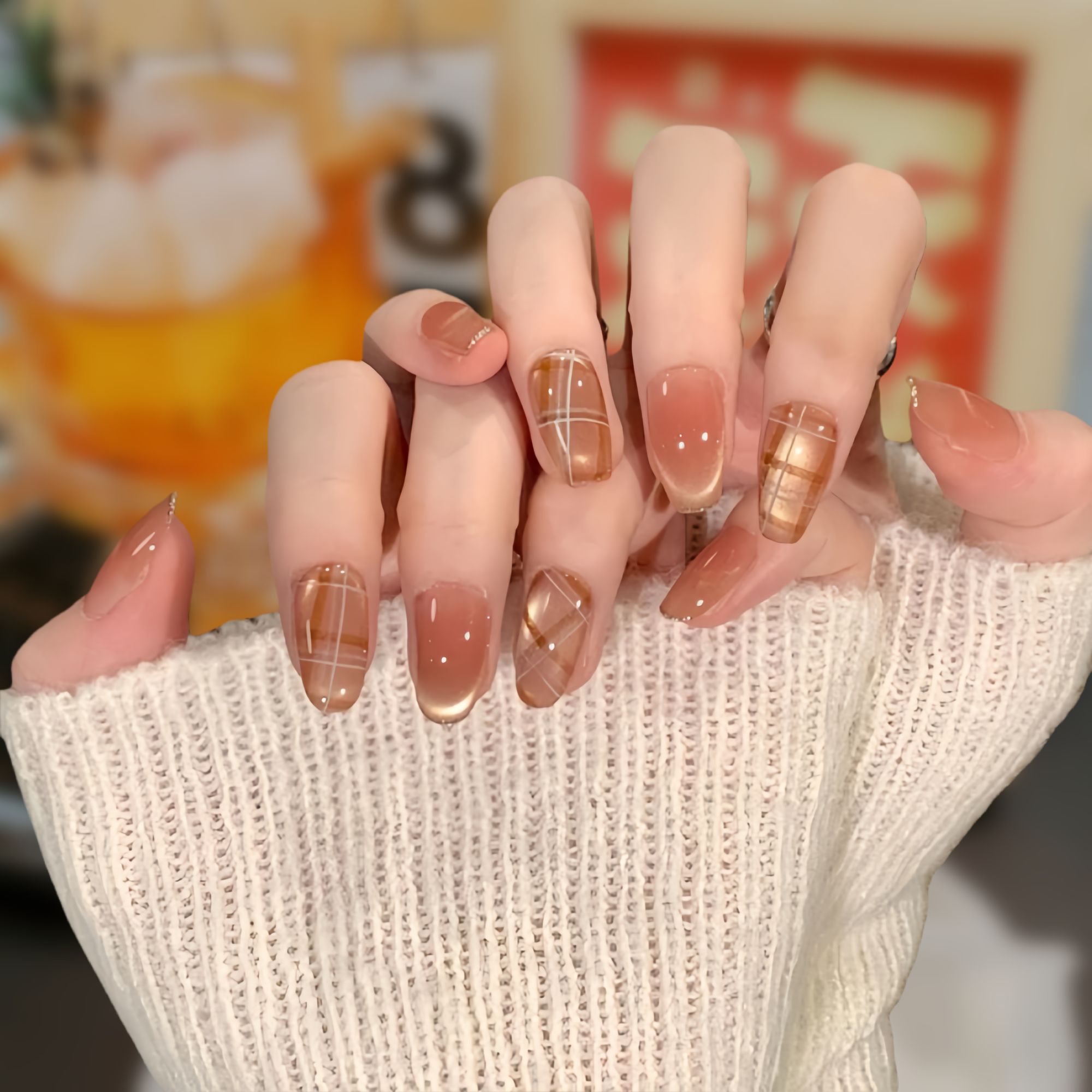 【流金格序】手工穿戴甲冰透腮红短款气质显白新款猫眼美甲穿戴甲片