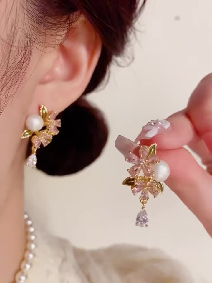 铜合金锆石耳饰 小清新粉色花朵水滴耳坠女轻奢甜美百搭耳环