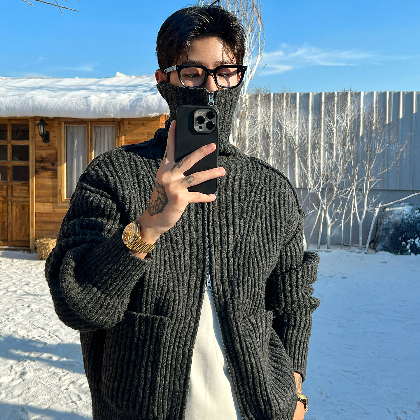 OXFREAK「老钱风 肌理坑条」重磅高领开衫毛衣男冬季row风针织衫