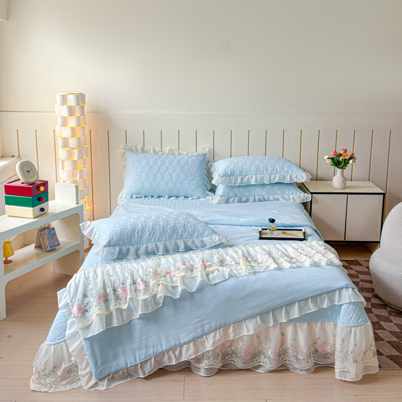 夏被四件套冰空调被蕾丝花边夹棉床盖公主风夏季凉被薄被子可机洗