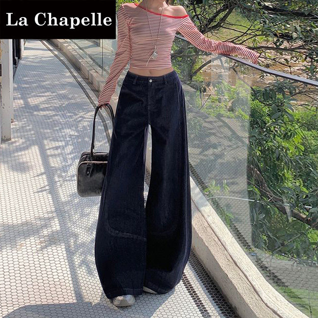 拉夏贝尔复古原色宽松弯刀牛仔裤女早春新款垂感显瘦高腰阔腿裤子