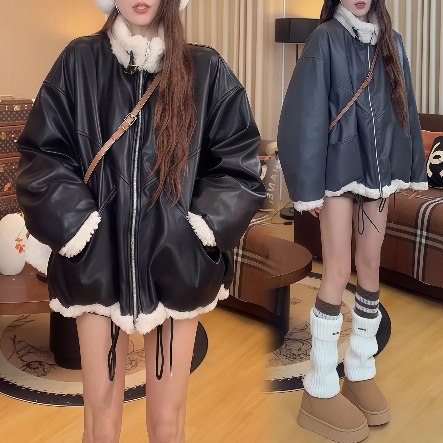 2025秋冬季新款复古毛毛拼接外套女宽松加厚立领机车服皮夹克皮衣