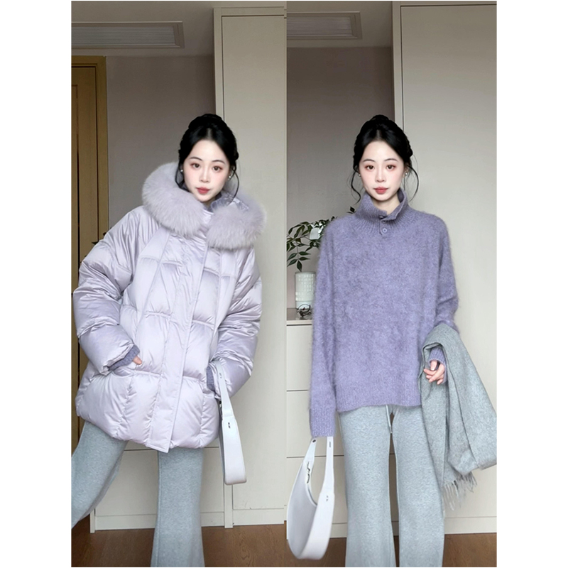 秋冬新款甜美紫色中长款棉服女款时尚高级感韩版保暖连帽棉衣外套