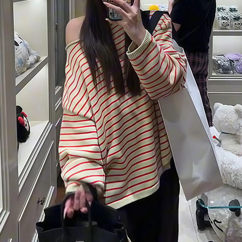 冬季时尚穿搭新款条纹针织大码宽松穿搭冬日慵懒风休闲女装上衣