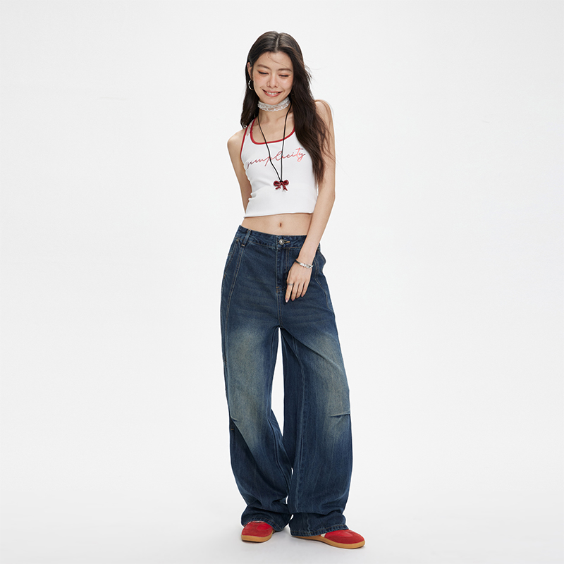 Busrr美式怀旧高腰牛仔裤女2025新款宽松阔腿裤褶皱拼接拖地裤女