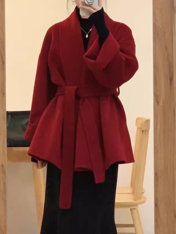 红色短款双面羊绒呢子大衣女2025冬季新款高端小个子毛呢红色大衣