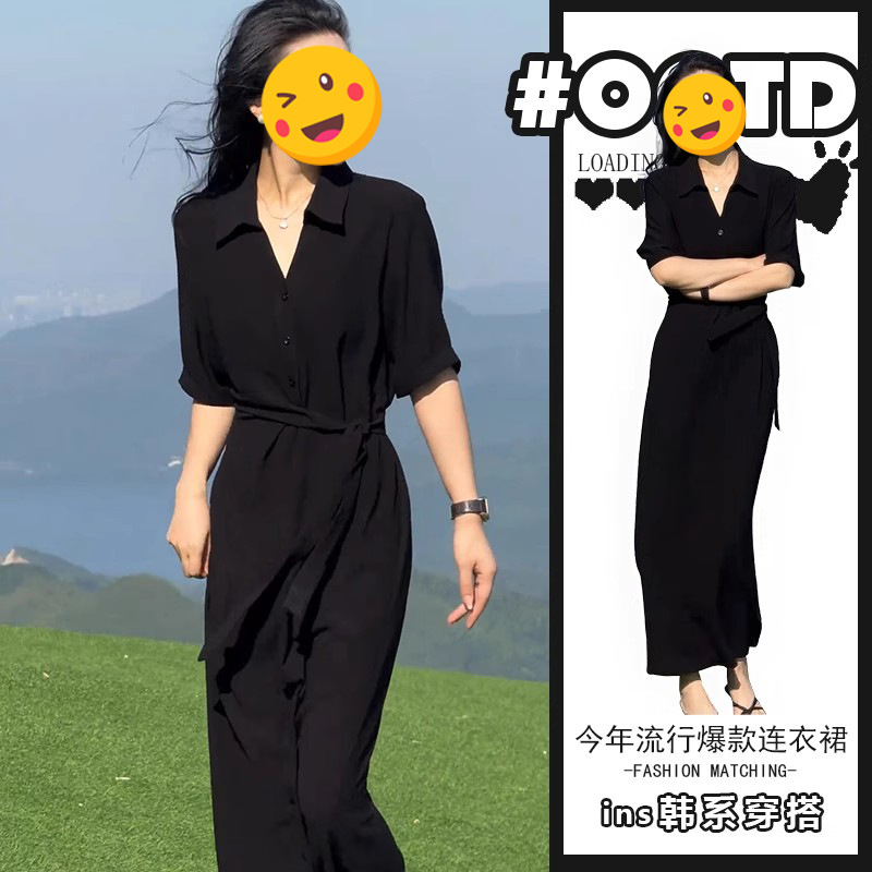 2025夏季超火新款高冷御姐风连衣裙女高级感独特黑色收腰显瘦长裙