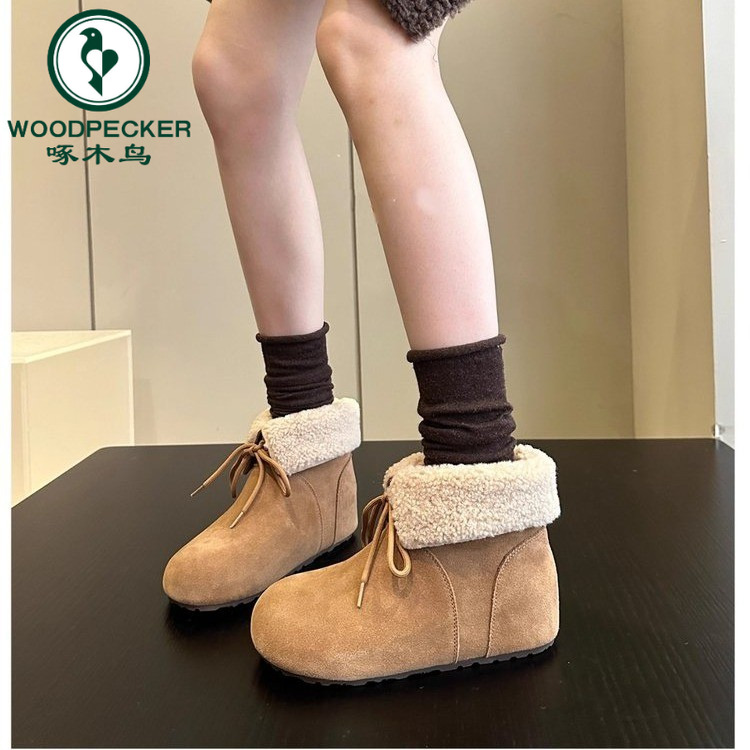 啄木鸟两穿翻领内增高勃肯棉鞋女2025新款秋冬加绒靴短毛毛雪地靴
