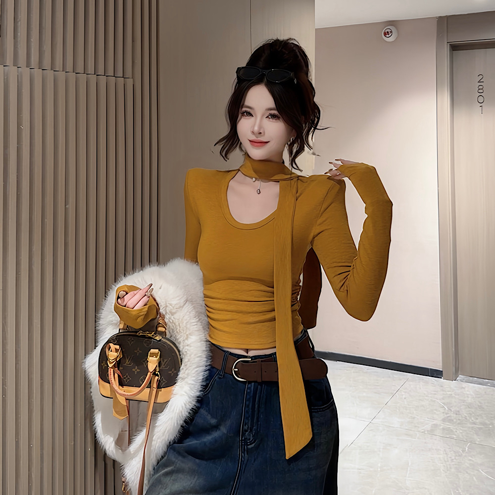 【钻石店铺优选】秋冬新款时尚百搭韩系领飘带加绒上衣女