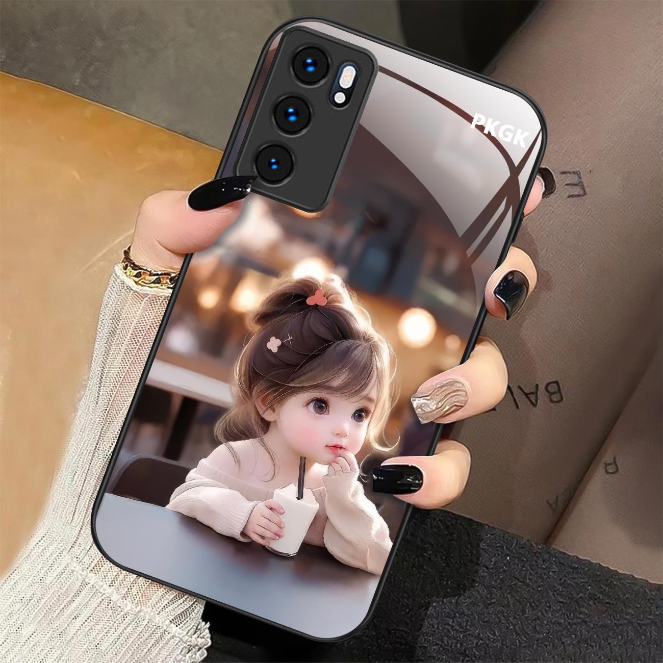 适用【OPPO Reno6 5G】喝茶女孩液态玻璃手机壳 防摔刮 网红时尚