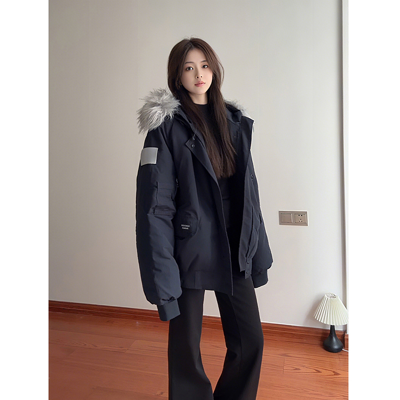 藏青色连帽宽松棉服男女秋季可拆卸毛领棉衣保暖加厚情侣装派克服