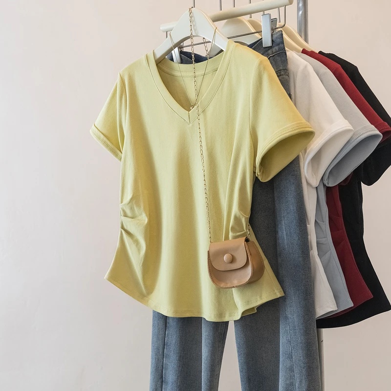 大码女装2025夏季新款休闲百搭胖妹妹收腰显瘦v领正肩t恤上衣