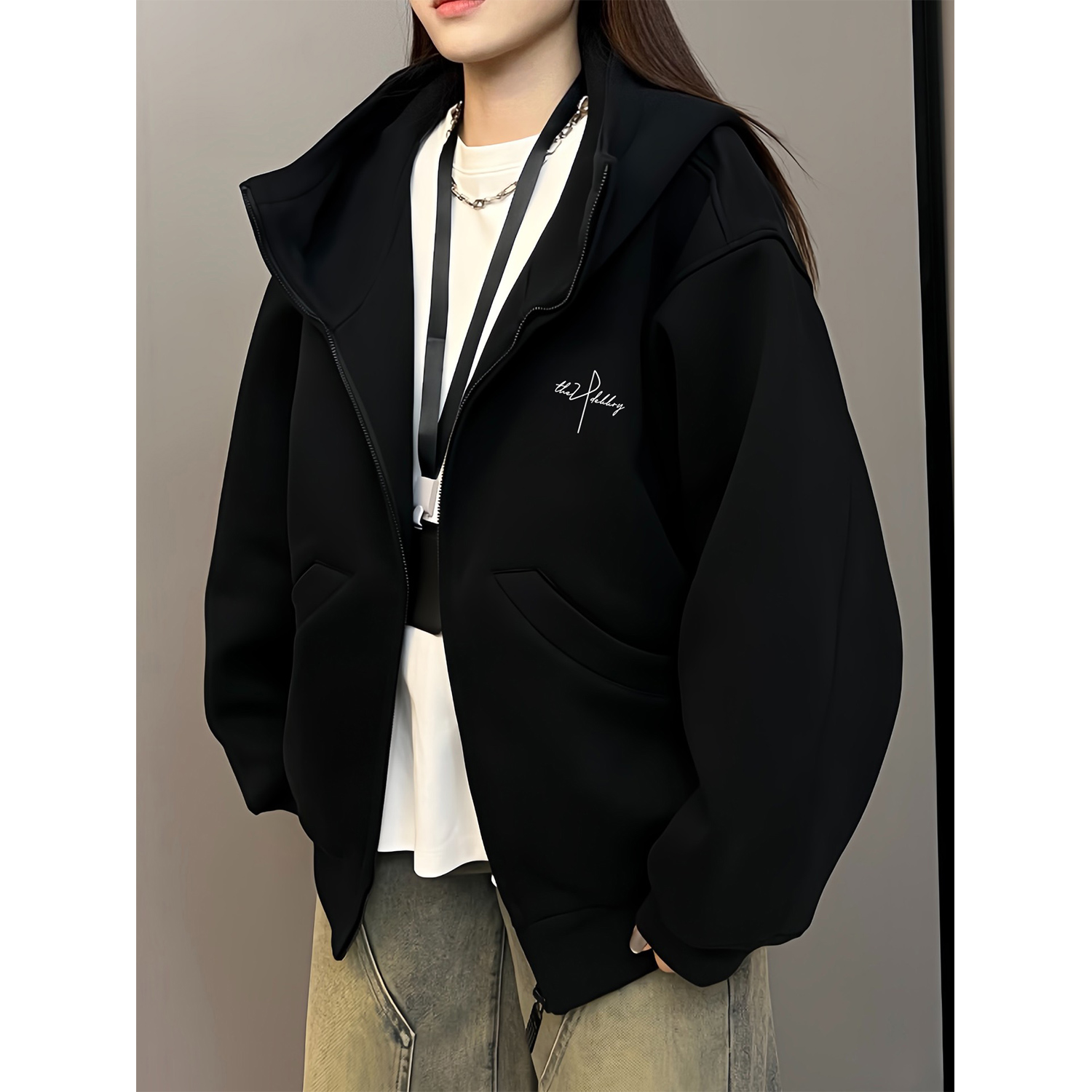 美式设计感ins字母印花高领开衫连帽卫衣男女秋冬季休闲拉链外套