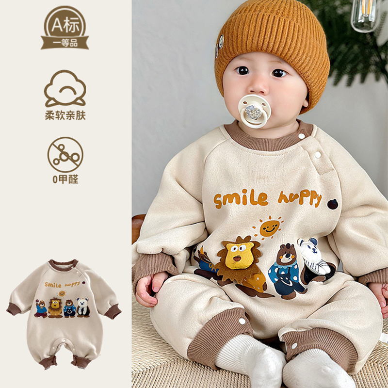 加绒保暖婴儿连体衣秋冬款一体绒宝宝外出服加棉卡通连身衣冬装潮