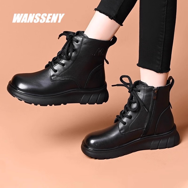WANSSENY2025年冬季新款软底马丁靴女真皮裸靴平底休闲加绒短筒靴