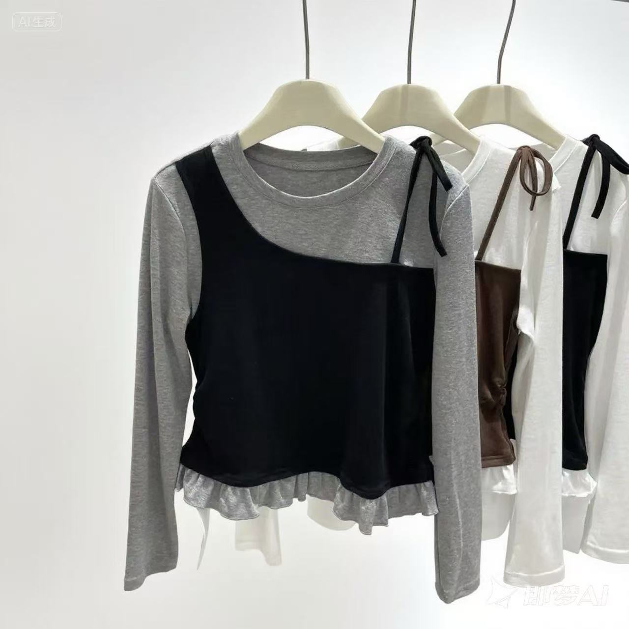 女大童假两件拼接撞色长袖T恤2025秋装新品韩版木耳边洋气打底衫