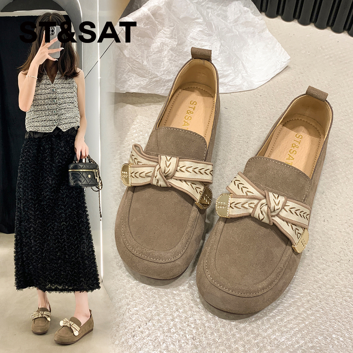 星期六真皮加绒勃肯鞋女秋冬2025爆款软底豆豆棉鞋一脚蹬平底单鞋