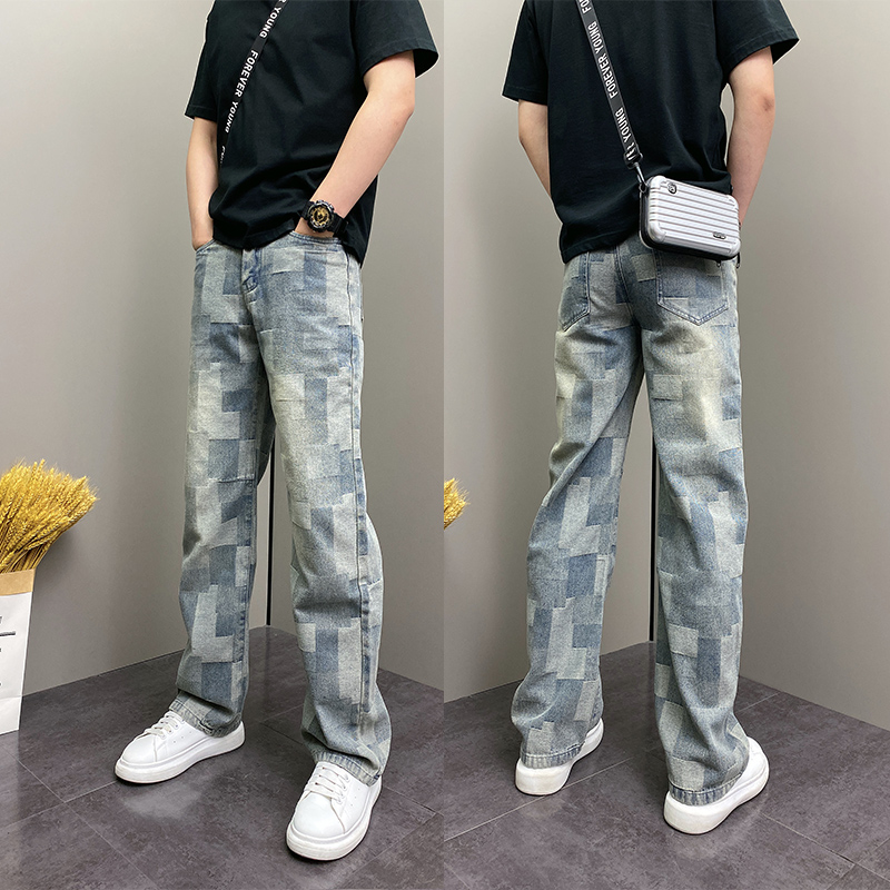 DOEA春夏季潮牌韩版痞帅高街2025年水洗个性设计感格子牛仔裤子男