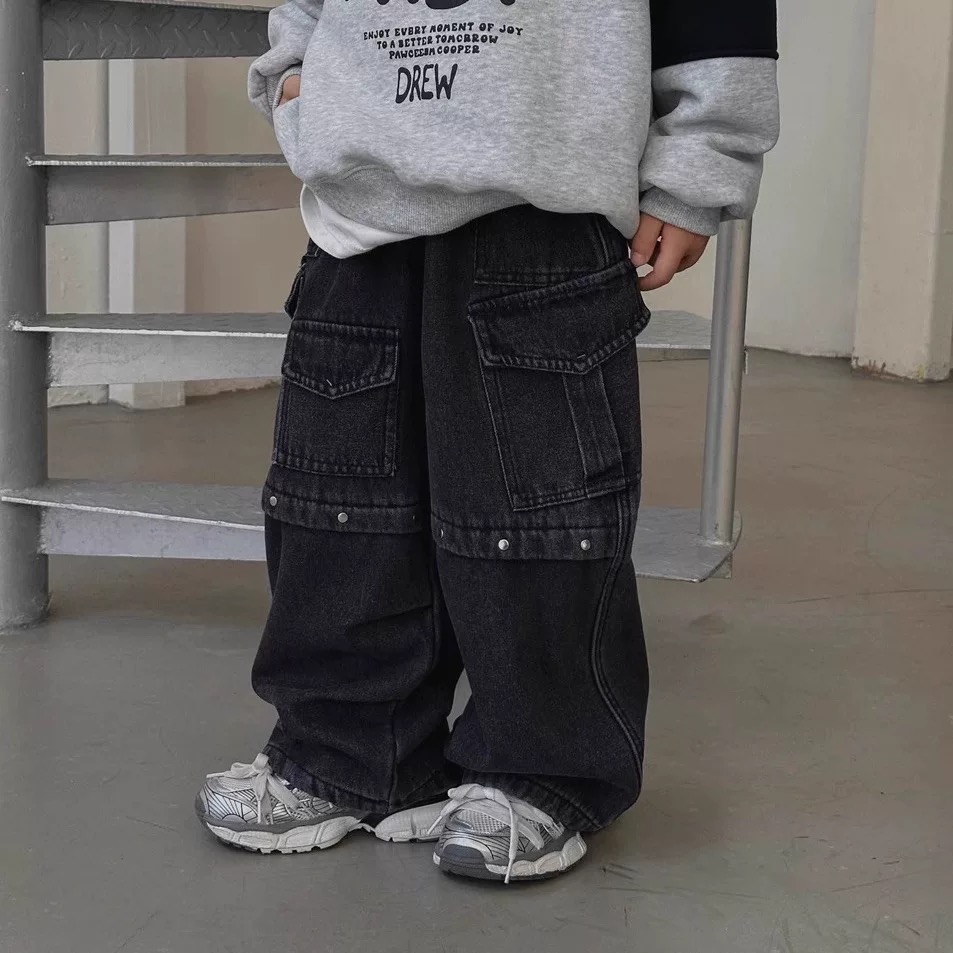 2025冬季新款男童工装加绒牛仔裤儿童个性加厚直筒长裤潮