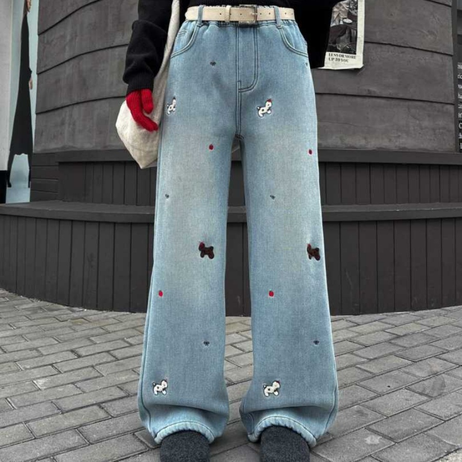 秋冬女大童加绒牛仔直筒裤百搭一体绒休闲时尚青少年必备-SW728