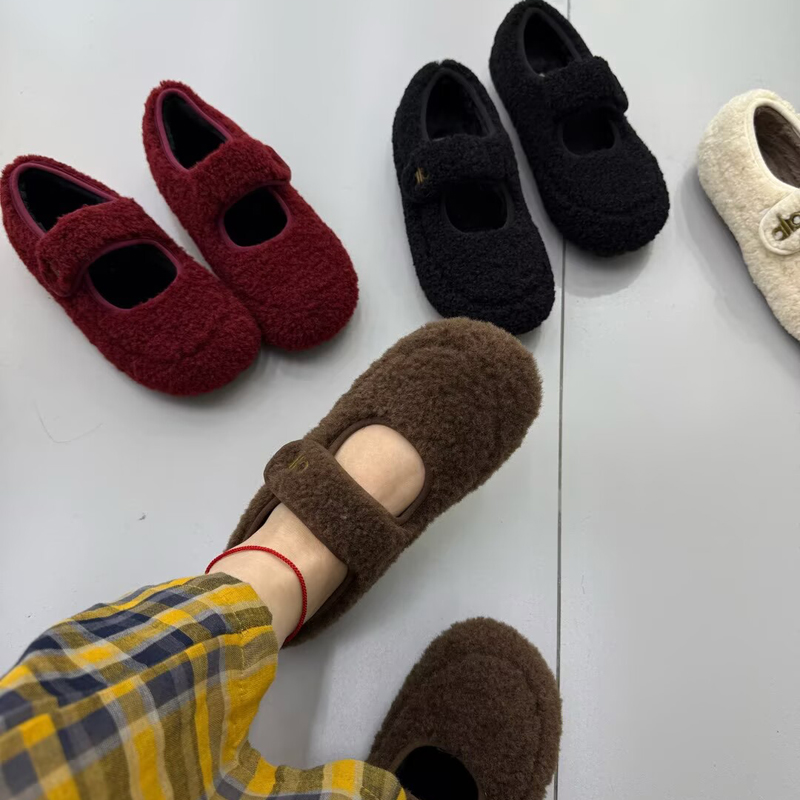 时尚法式玛丽珍毛毛鞋女外穿加绒保暖秋冬季2025新款平底勃肯棉鞋