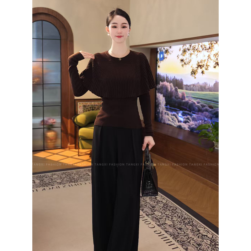 2026年秋冬新款【8208】斗篷含绵羊毛假两件洋气摩卡棕针织衫毛衣