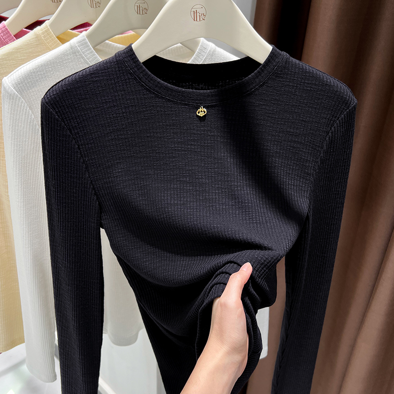 秋季圆领竹节棉针织打底衫女爆款2025新款长袖显瘦T恤修身内搭薄