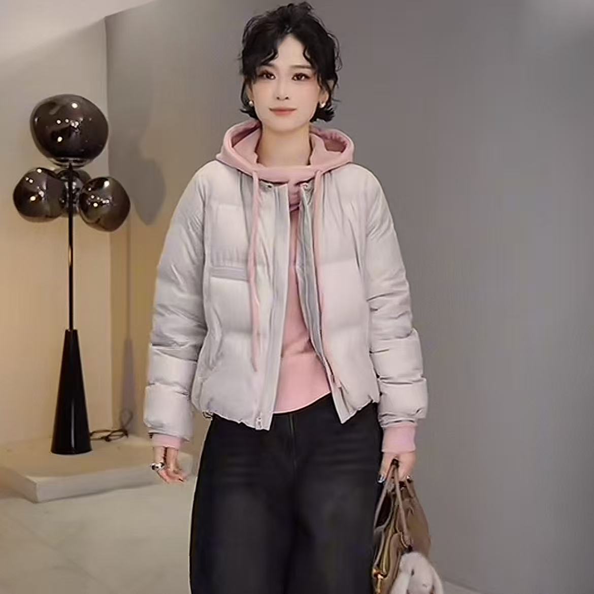 多一“暖冬”2025冬季方格圆领百搭拉链抽绳绗线长袖面包服