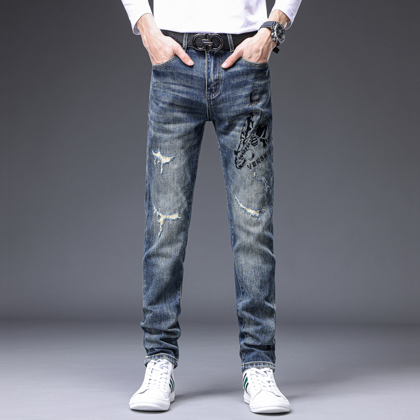 霍罗哈芬HOROHUVE秋冬季新款烫钻印花男士牛仔裤修身休闲裤子男潮