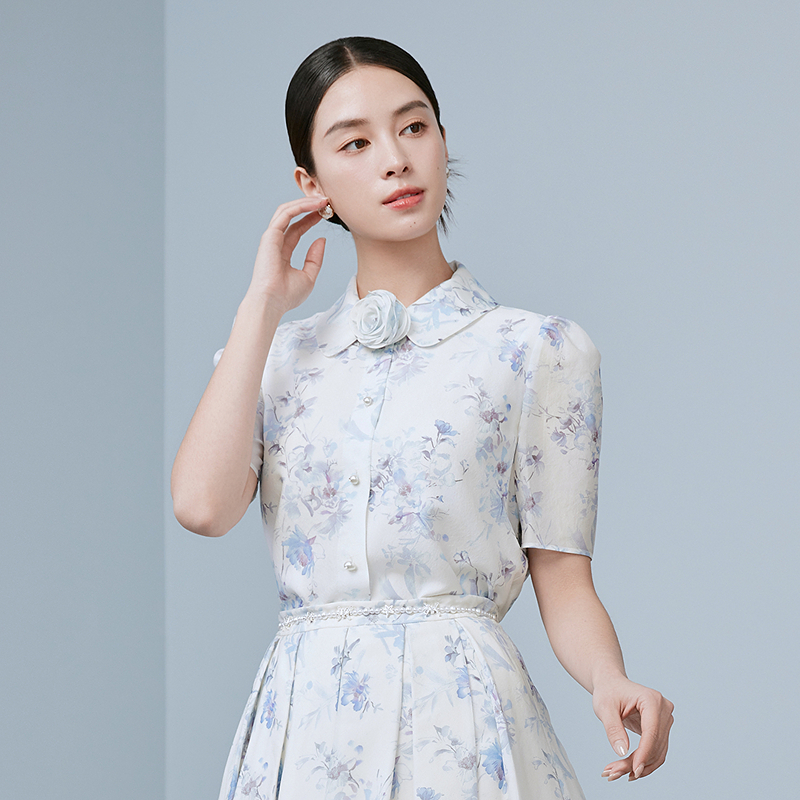 浪漫温柔印花短袖衬衫2025年新款优雅设计感衬衣-MJGB06WBL730U31