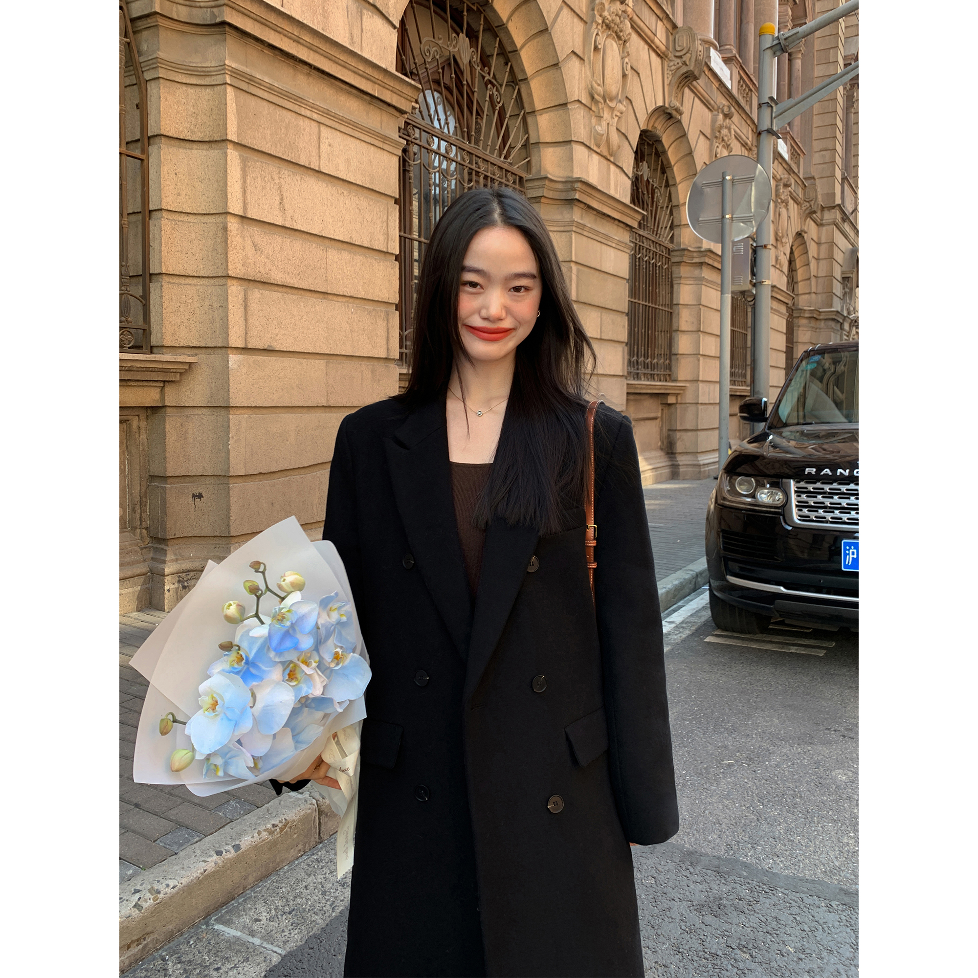 pusumede 黑色毛呢外套韩系中长款高级气质羊毛大衣PSW4035-GH