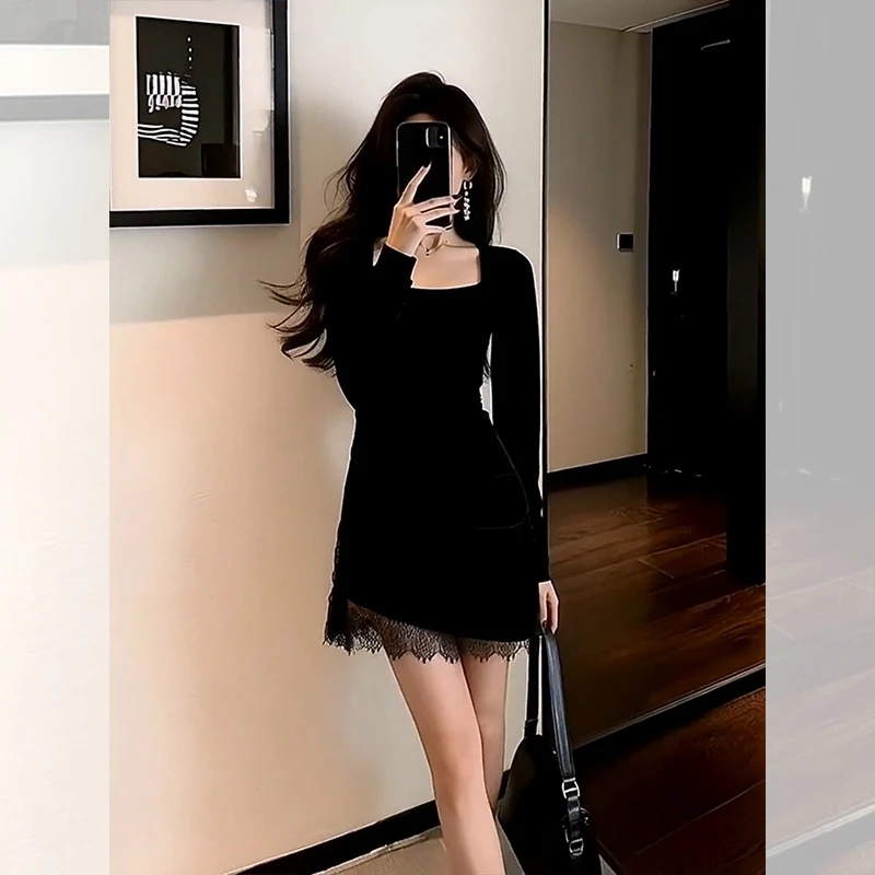 INS CEC黑色内搭蕾丝拼接紧身包臀短裙秋冬季气质高贵针织连衣裙