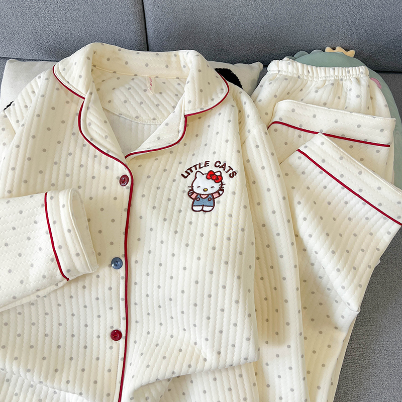 hellokitty可爱睡衣女冬季空气棉夹层加厚保暖学生甜美波点家居服