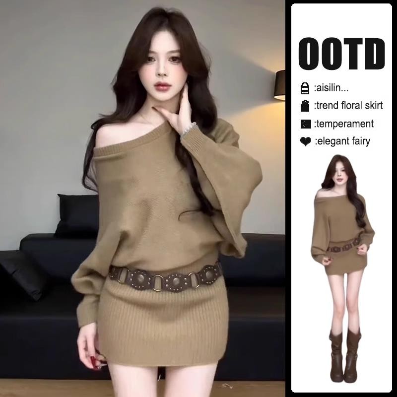 秋冬黑色斜肩短袖连衣裙夏修身紧身收腰短裙设计感显瘦长袖包臀裙