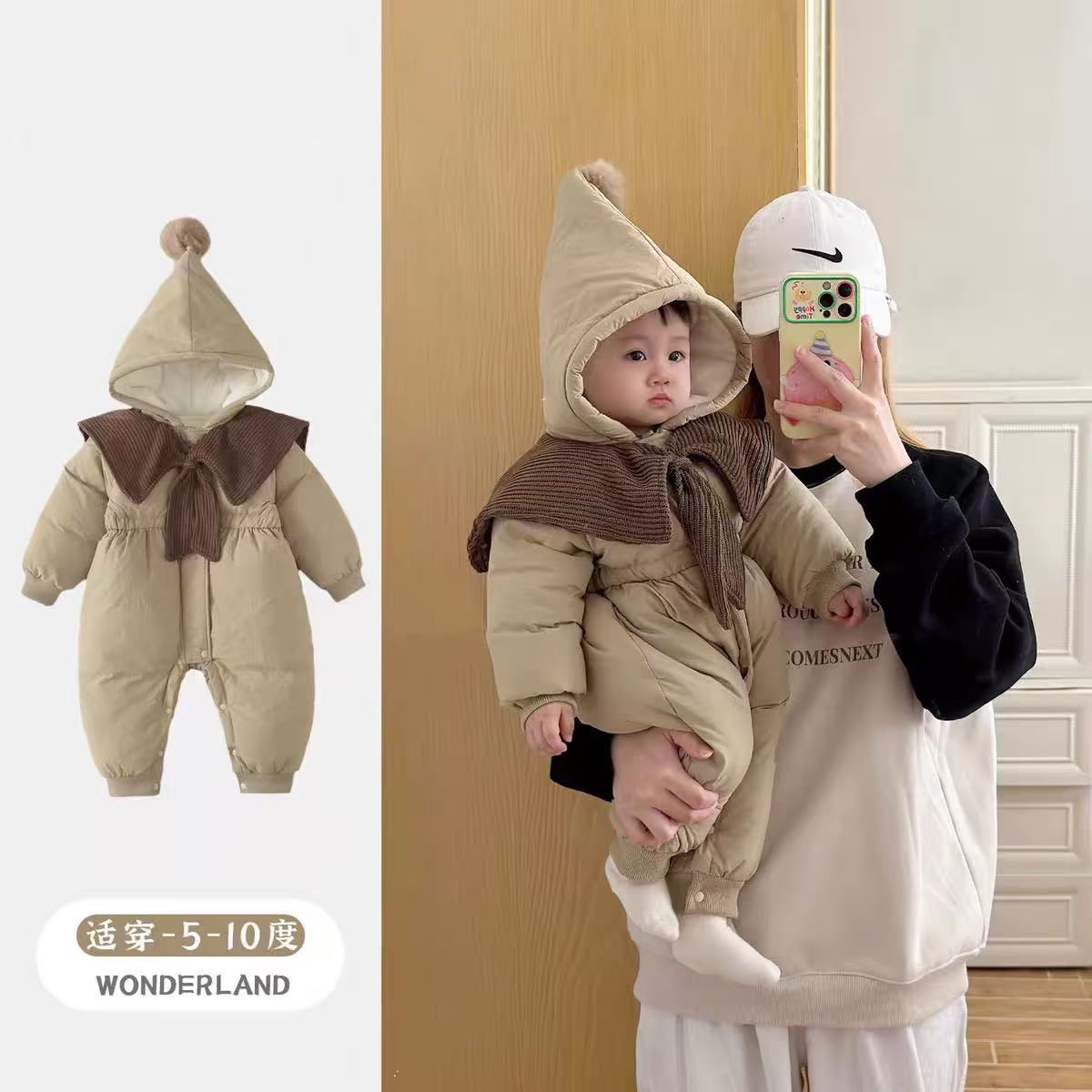 婴儿加棉爬服长袖连体衣韩版拉链冬季婴童通用可爱风爬服加厚哈衣