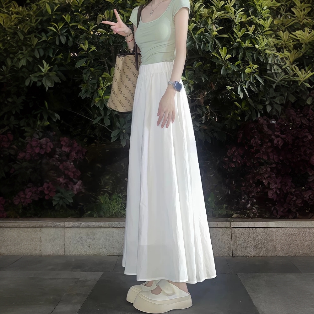2025温柔白色半身裙女夏季新款伞裙气质收腰显瘦百搭中长A字裙子